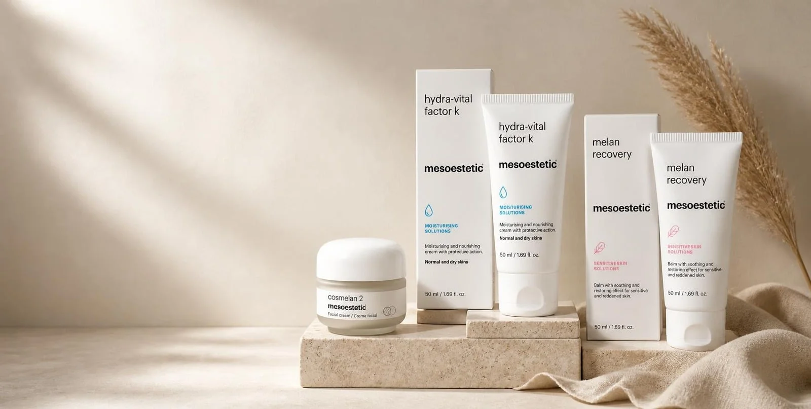 Mesoestetic cosmelan 2, hydra-vital factor k og melan recovery på stenplinte med linned